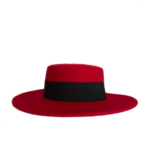 ［红缨］秋季ins复古时尚红色羊毛礼帽网红款平顶平檐帽子女法式