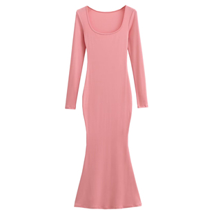 YoungGirlDay纯欲风性感U领紧身显瘦长袖打底包臀鱼尾连衣裙长裙