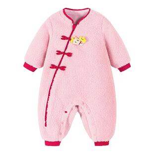 迷你巴拉巴拉婴儿衣服宝宝马年毛绒保暖新中式连体衣红色拜年服冬