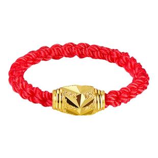 石来玉转 红绳戒指女18k金戒指 仿黄金转运珠戒指 本命年红绳戒指