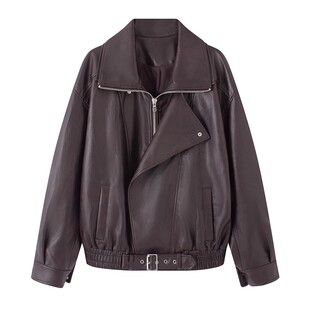 艾诺丝国内代购2025秋季新款时尚宽松棕色夹克皮衣外套女AR103035