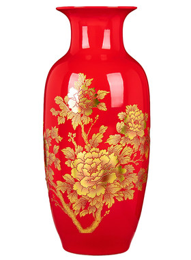 景德镇陶瓷器中国红色大花瓶摆件