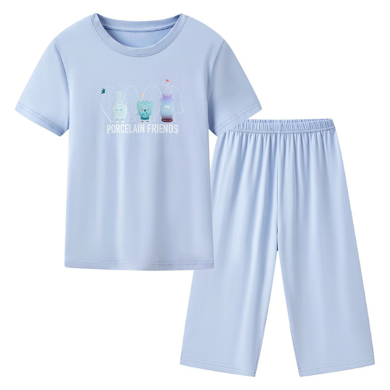 三枪全棉男童夏季薄款家居服套装
