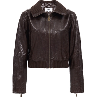 ONLY2026春季新款轻奢羊皮罗纹针织翻领拉链短款正肩皮衣外套女