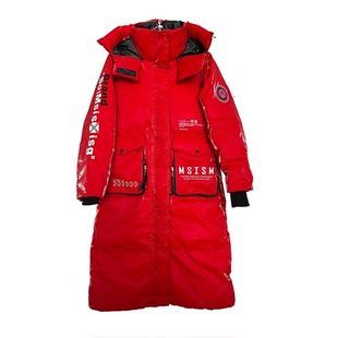 2025款撞色防水白鸭绒免洗亮面外套女冬季宽松过膝减龄面包羽绒服