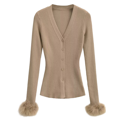 V领单排扣毛绒绒袖口开衫上衣