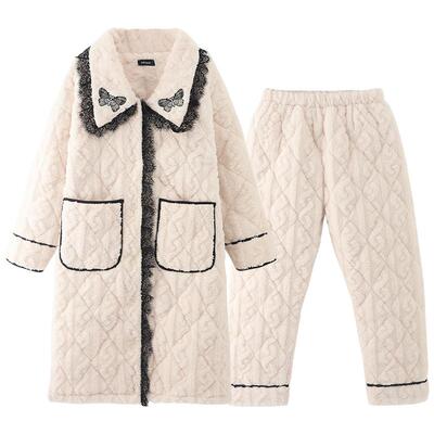 睡袍珊瑚绒睡衣女夹棉三层棉袄