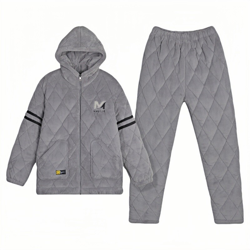 男珊瑚绒夹棉三层加厚家居服保暖