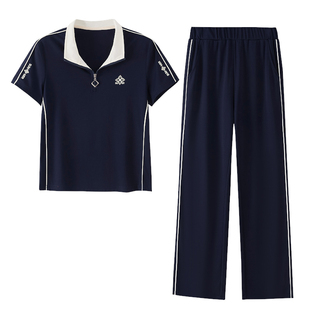 中老年休闲套装女夏季2026新款翻领短袖两件套妈妈装运动服薄款潮