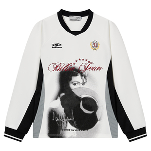 HACR人像印花拼色球衣 美式复古V领运动透气长袖T恤男女