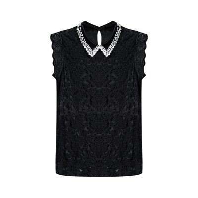 黑色蕾丝上衣无袖衬衫领高端小衫