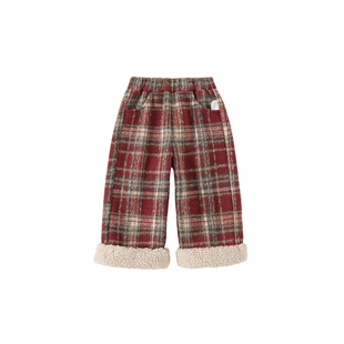 INSbobo女童裤子2025冬季新款儿童红色休闲裤宝宝新年加绒直筒裤