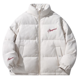 ALLIN 白色潮牌羽绒服男款冬季短款立领加厚保暖字母刺绣情侣外套