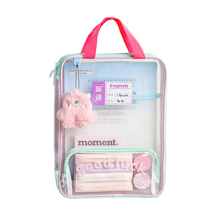 三年二班 多巴胺撞色手提文件袋透明文件收纳袋拉链式科目书本分类袋小学初中生专用拎书补习手提文件资料包