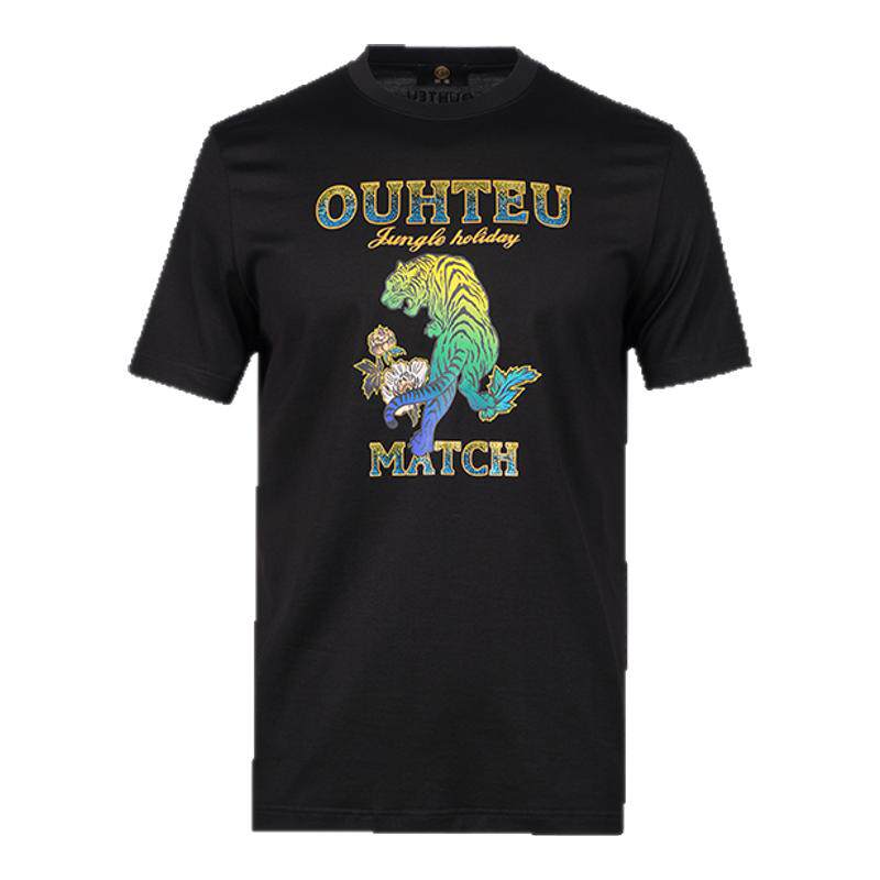 OUHTEU/欧度男士短袖T恤圆领黑色棉面料潮流合体版型夏季