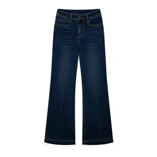 ablueberry 复古微喇牛仔裤女秋冬深蓝色金属圈口猫须解构长裤