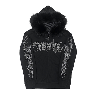 湿体原创 暗黑朋克哥特刺青印花毛领连帽卫衣宽松外套无性别女