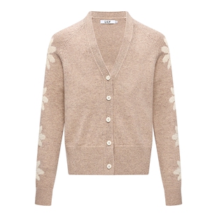 LILY2026春新款女装羊毛混纺撞色提花上衣V领针织开衫毛衣外套