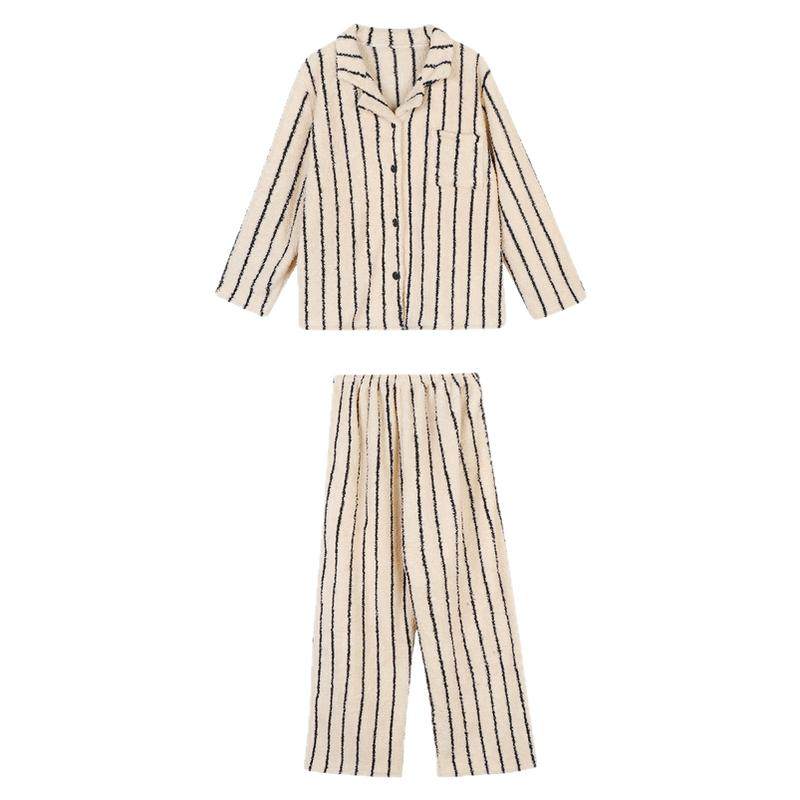 JoyceBra  韩版长袖翻领条纹睡衣女冬季加厚珊瑚绒保暖家居服套装