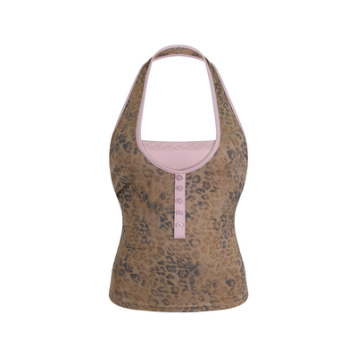 INNERFLOW野性甜心 高弹撞色豹纹拼粉色假两件挂脖遮副乳背心