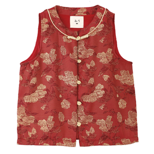 知了童装 新中式织金提花锦缎马甲加绒圆领无袖背心外套女童55212