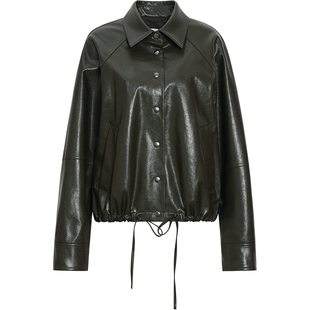 【摩登都市】naivee26春新款翻领抽绳廓形短夹克皮衣伽罗绿玛瑙灰