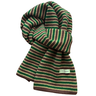 2025新款森系复古绿咖条纹围巾女冬季韩版百搭保暖针织围脖情侣款