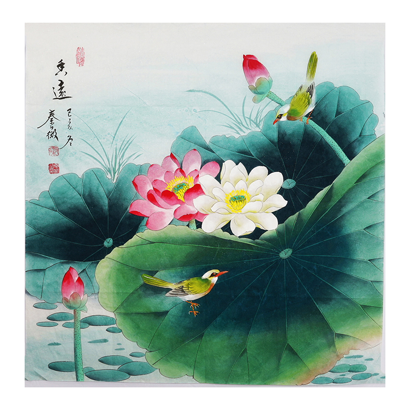 荷花国画纯手绘工笔画花鸟字画斗方客厅挂画香远图秦薇01145