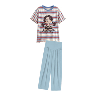 孕妇套装夏季薄款2026新款卡通条纹宽松减龄短袖上衣裤子两件套女