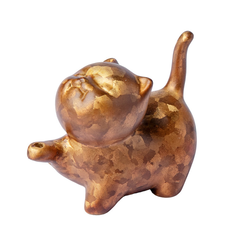 束刻创意黄铜小猫线香香插手工雕刻动物香座咖斑家居装饰摆件香道