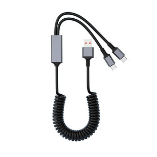 一拖二弯头弹簧数据线100W快充适用苹果15/16小米华为iphone车载伸缩充电线typeC二合一车用弹力拉伸线一分二