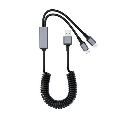 一拖二弯头弹簧数据线100W快充适用苹果15/16小米华为iphone车载伸缩充电线typeC二合一车用弹力拉伸线一分二