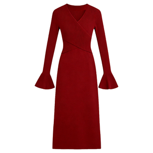 DPLAY气质复古红色连衣裙女法式订婚长款针织毛衣裙2026年春