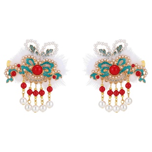 儿童国风清新烧蓝蝴蝶毛球对夹发饰女童过年春节汉服拜年纳福发饰