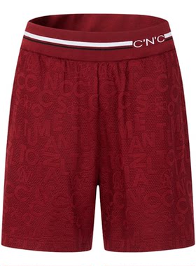 CNC轻奢女装2026夏季满印酒红暗纹提花撞色松紧腰休闲直筒短裤