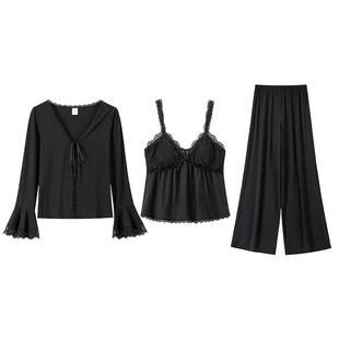 RoseTree睡衣女三件套春秋季黑色莫代尔性感纯欲家居服带胸垫