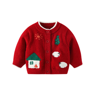 婴儿毛衣秋冬男宝宝半边绒针织衫上衣冬装男童女童雪尼尔新年外套