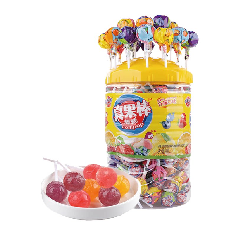 蜡笔小新棒棒糖真果棒1kg*1桶水果儿童休闲零食礼物散糖喜糖
