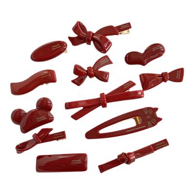 酒红色发夹发饰法式新年