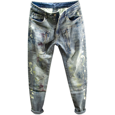 三古木棉机车小脚牛仔裤男春秋款复古撞色抹漆脏脏裤子男设计感