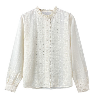 2026年春季新款气质纯棉衬衫女士长袖立领木耳边小衫高端白色衬衣