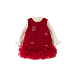 女童连衣裙2025新款儿童公主裙套装宝宝周岁礼服新年衣服背心裙子