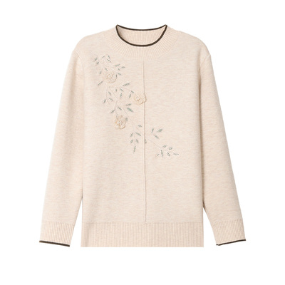 加肥加大码半高领绣花厚毛衣女中老年妈妈加绒上衣洋气高贵针织衫