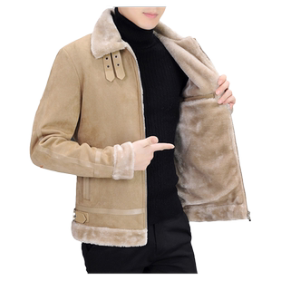 冬季麂皮绒外套男短款皮毛一体加绒加厚羊羔毛翻领皮衣夹克机车服