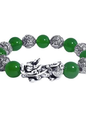 绿色天然玛瑙足银貔貅手链链
