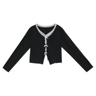 120斤的大杨 黑色大码假两件上衣女小个子蝴蝶结长袖显瘦针织衫秋