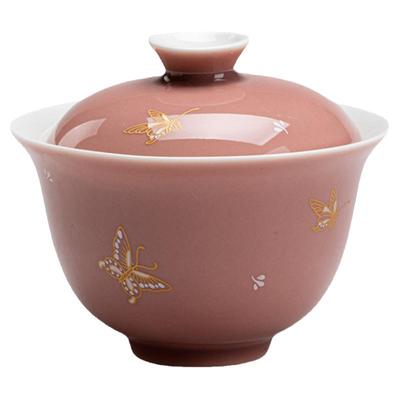 豇豆红陶瓷盖碗 功夫茶具烫金蝴蝶家用茶碗 金银错舞蝶