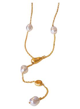 不规则长款珍珠串珠金色豆豆项链