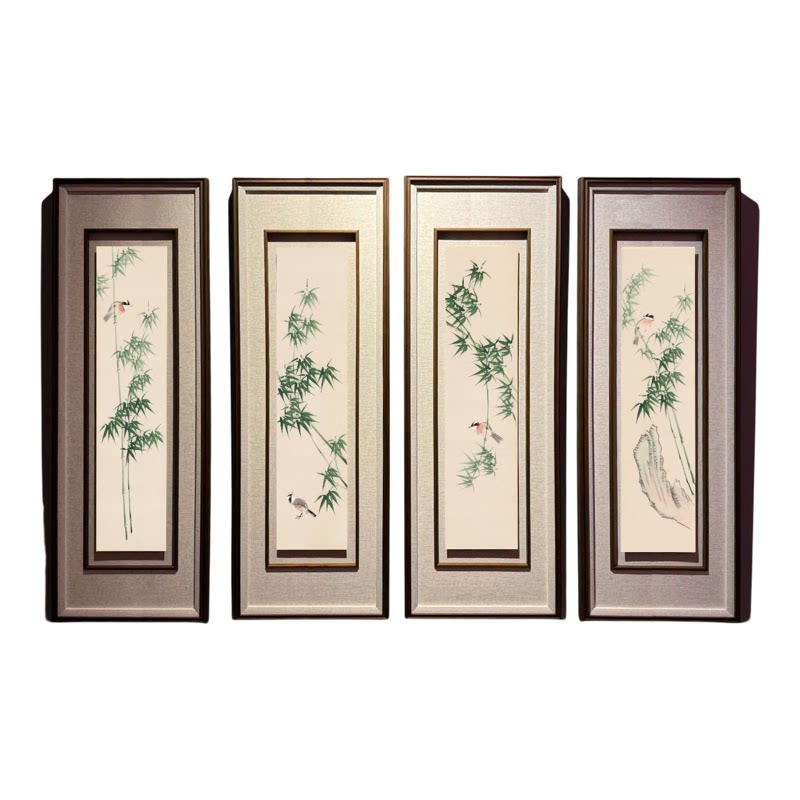 中式竹子花鸟国画四条屏复古客厅装饰画有框挂画酒店竹报平安挂画