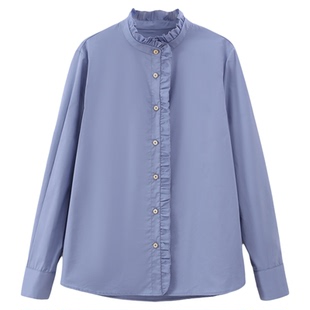 Jicouture 长绒棉木耳边小立领衬衫女春季通勤设计感叠穿内搭上衣